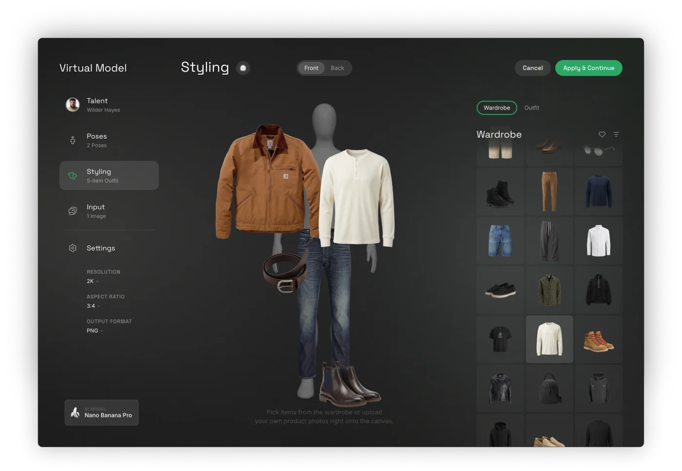Dreem's styling view — build a full outfit from the wardrobe